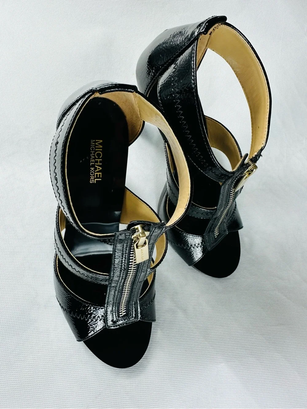 MICHAEL Michael Kors Black Patent Leather T-Strap Zip High Heels